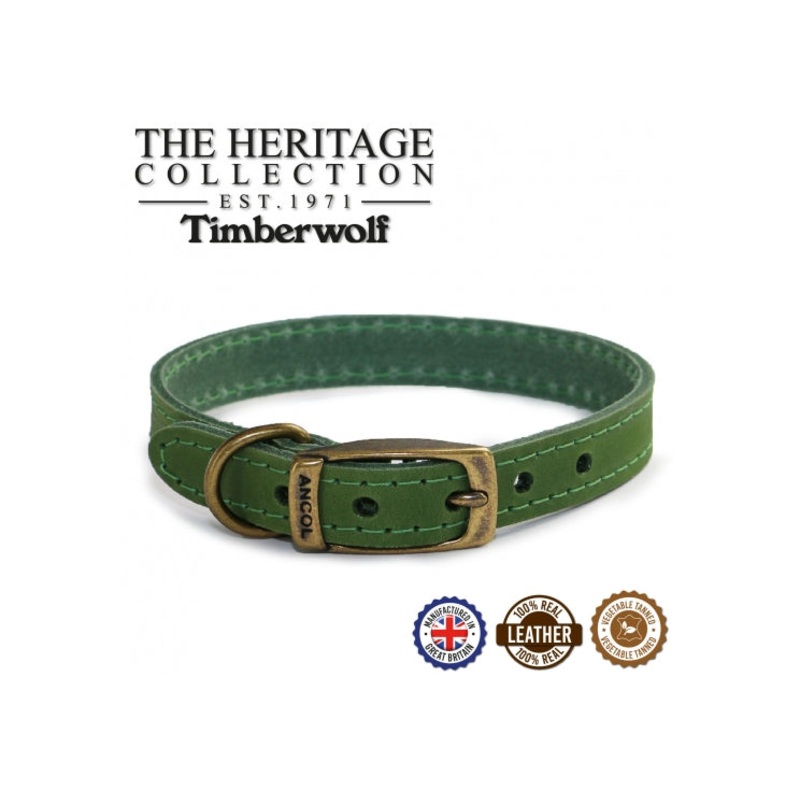 Ancol - Timberwolf Leather Collar - Green - Size 8 (55-63cm)