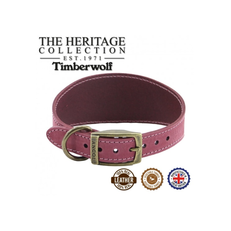 Ancol - Timberwolf Leather Hound Collar - Raspberry - Whippet (30-34cm)