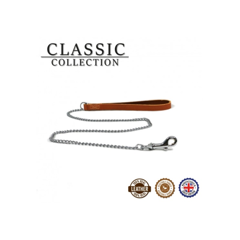 Ancol - Leather Chain Lead - Tan - 80cm Medium (30kg)