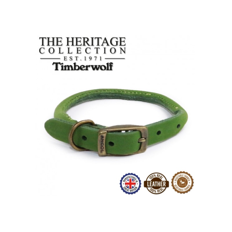 Ancol - Timberwolf Round Leather Collar - Green - 28-36cm (Size 3)