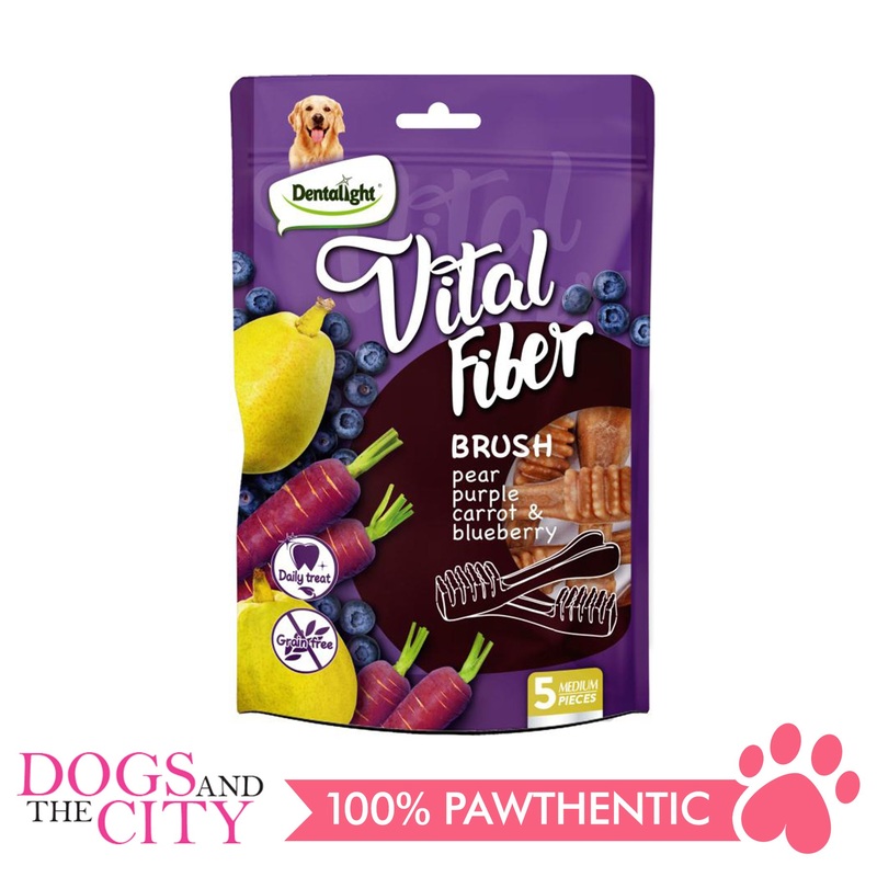DENTALIGHT 10103 3.7" Medium Vital Fiber Brush5pcs 85g Pear, Purple Carrot, Blueberry Dog Treats