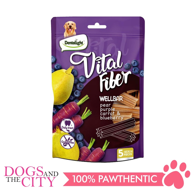 DENTALIGHT 10134 5" Medium Vital Fiber Wellbar5pcs 85g Pear, Purple Carrot, Blueberry Dog Treats