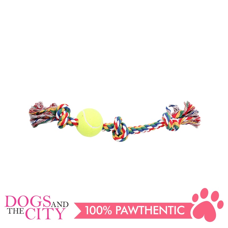 Pawise 14893 13" Rope Bone w/3 Knots&Tennis BallMulti Color Dog Toy