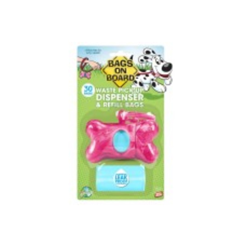 Bags on Board Bone Waste Pick-up Bag Dispenser with Dookie Dock Pink 2 rolls of 15 pet waste bags 9 in x 14 in