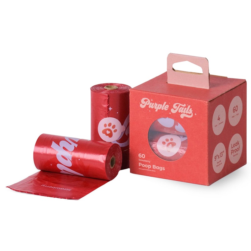 Purple Tails Dog Waste Bags Scent Strawberry Pack Of 4 Rolls (60 Bags)
