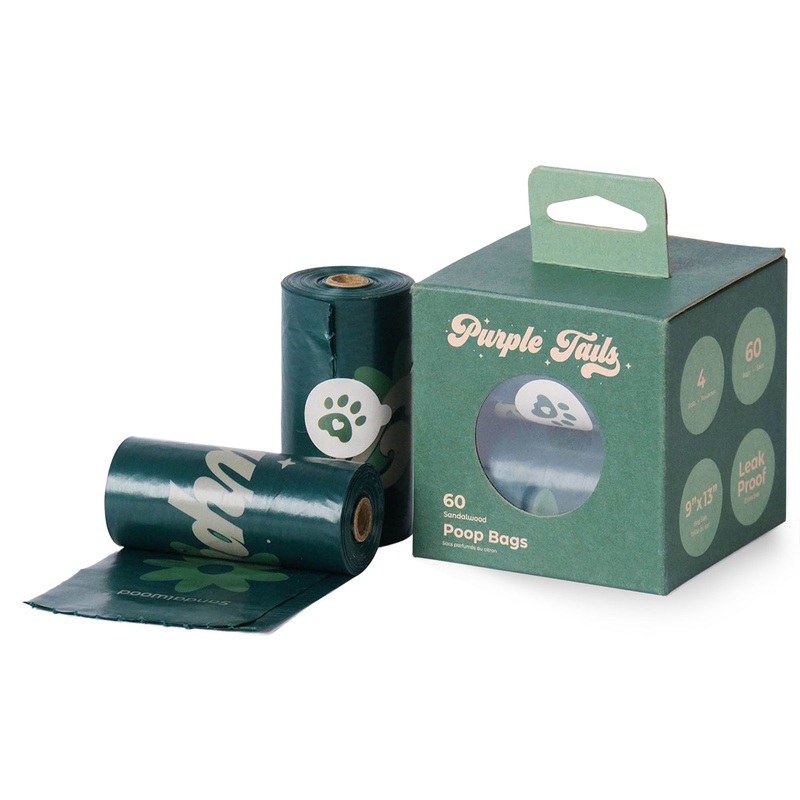 Purple Tails Dog Waste Bags Scent Sandalwood Pack Of 4 Rolls (60 Bags)