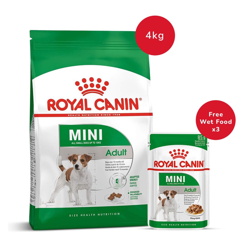 Royal Canin Mini Adult Dry Dog Food - 4 kg + Royal Canin Mini Adult Wet Dog Food (85 gm x 3)