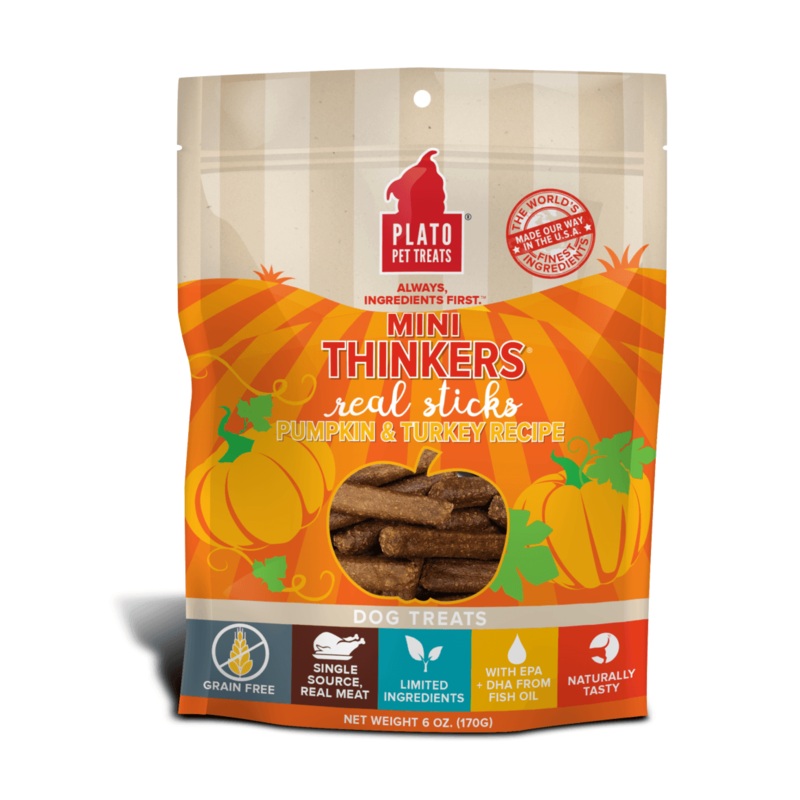 Plato Pet Treats Mini Thinkers Grain Free Pumpkin & Turkey Meat Stick Dog Treats