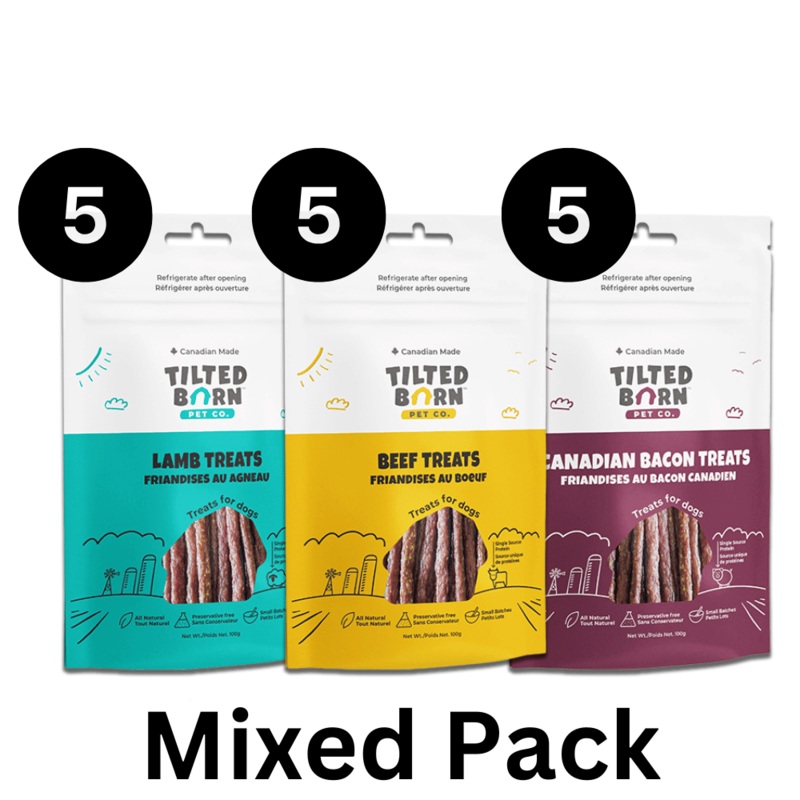 Max Value Pack: Tilted Barn Dog Treats 15 Pack - (5) Canadian Bacon, (5) Canadian Beef, (5) Canadian Lamb Treats