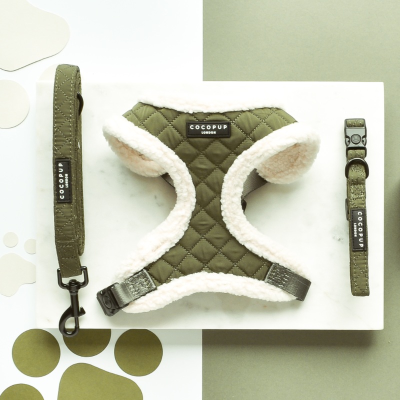 Khaki Quilted Adjustable Neck Harness, Lead & Collar Bundle