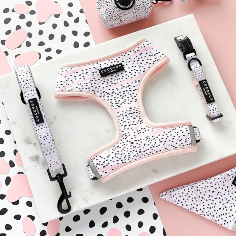 Pink Dalmatian Adjustable Neck Harness, Lead & Collar Bundle