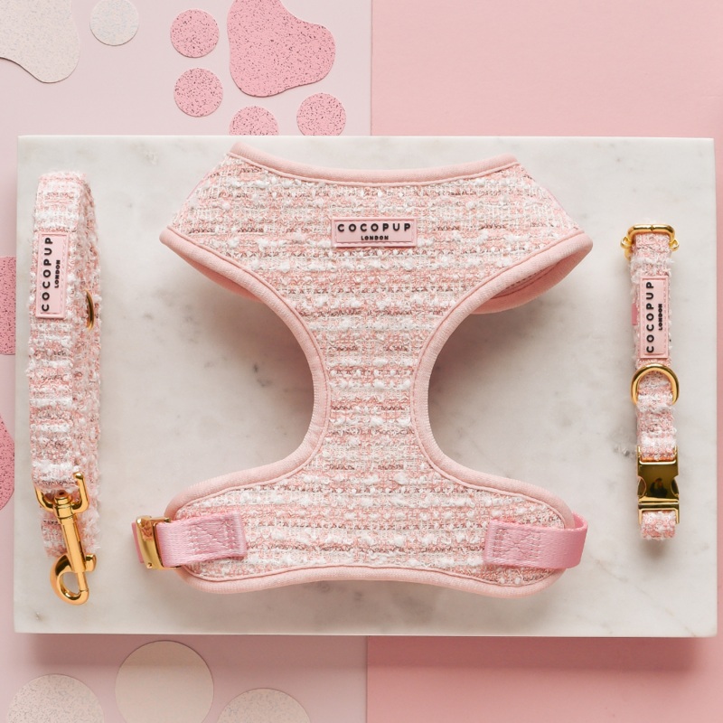 Pink Textured Tweed Adjustable Neck Harness, Lead & Collar Bundle