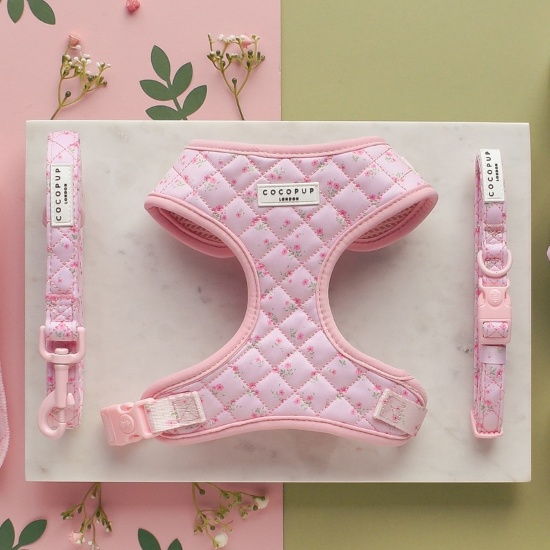 Quilted Ditsy Floral Pink Adjustable Neck Harness, Lead & Collar Bundle