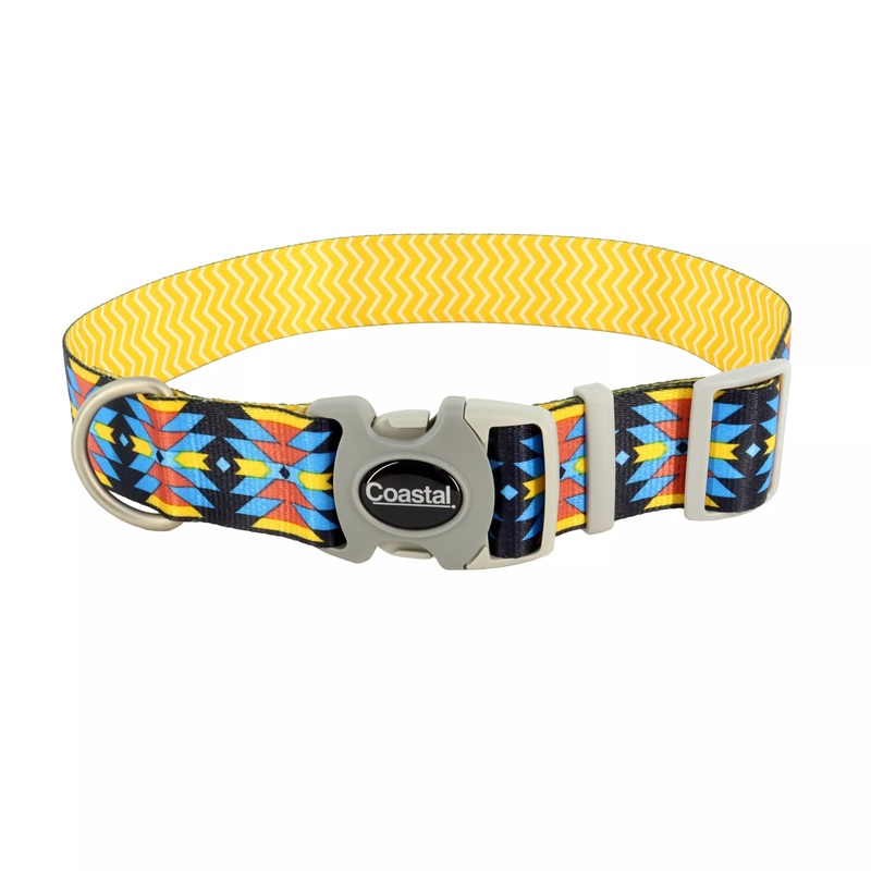 Coastal Sublime 1 1/2in Wide 18-26in Adjustable Dog Collar Aztec Yellow Chevrons