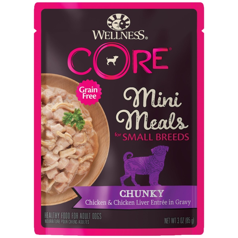 Wellness CORE Natural Grain Free Small Breed Mini Meals Wet Dog Food Chunky Chicken & Chicken Liver Entre in Gravy 3oz Pouch