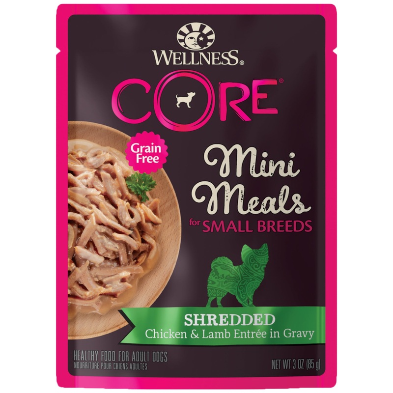 Wellness CORE Natural Grain Free Small Breed Mini Meals Wet Dog Food Shredded Chicken & Lamb Entre in Gravy 3oz Pouch