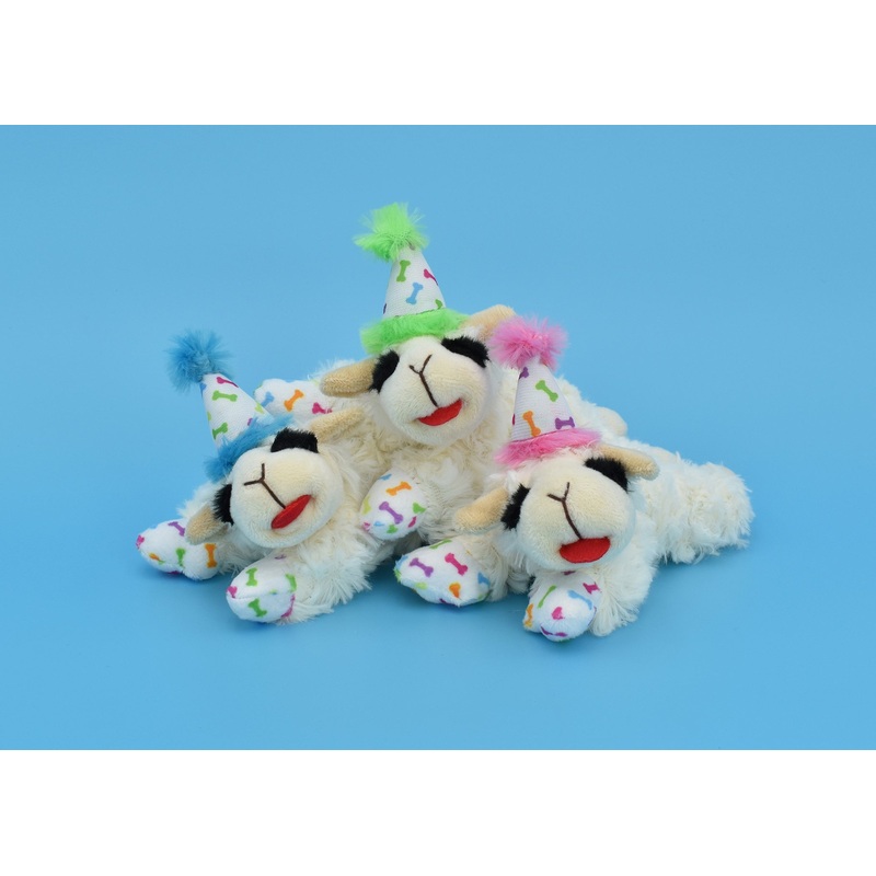 Multipet Plush Dog Toy Lamb Chop with Birthday Hat 10.5in Assorted