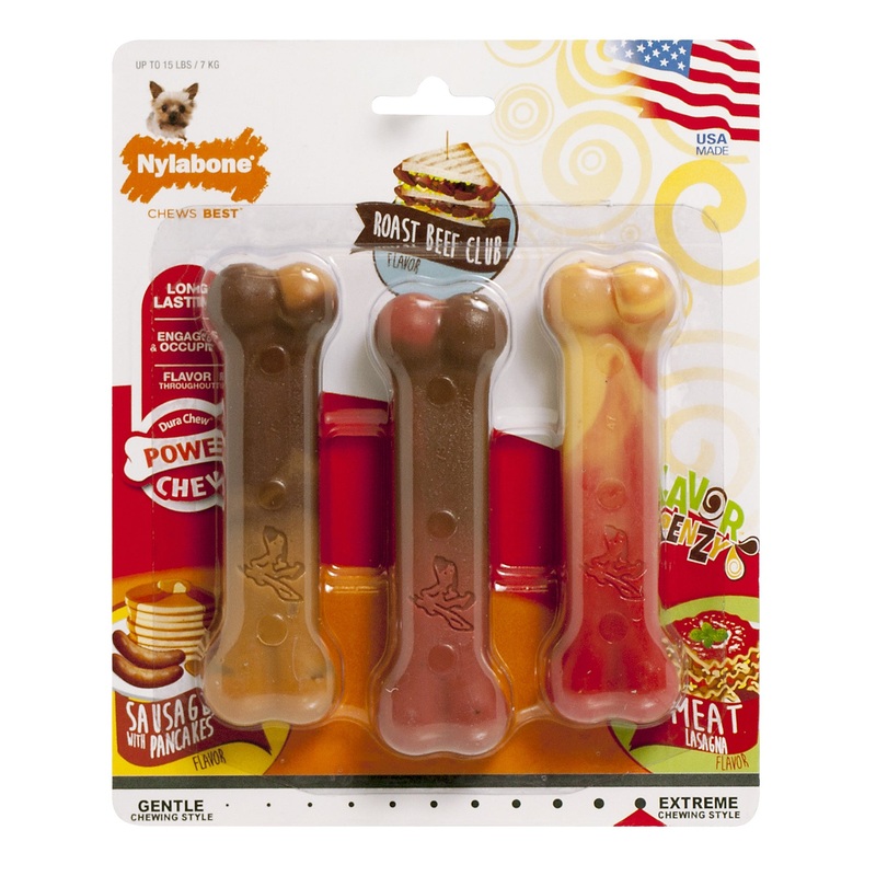 Nylabone Flavor Frenzy Power Chew Triple Pack Pancakes & Sausage, Roast Beef Club, & Lasagna X-Small/Petite
