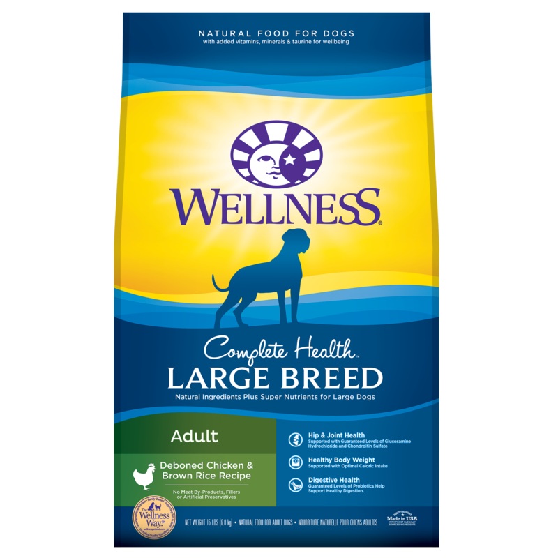 Wellness Complete Health Natural Dry Large Breed Dog Food Chicken & Rice 15lb Bag