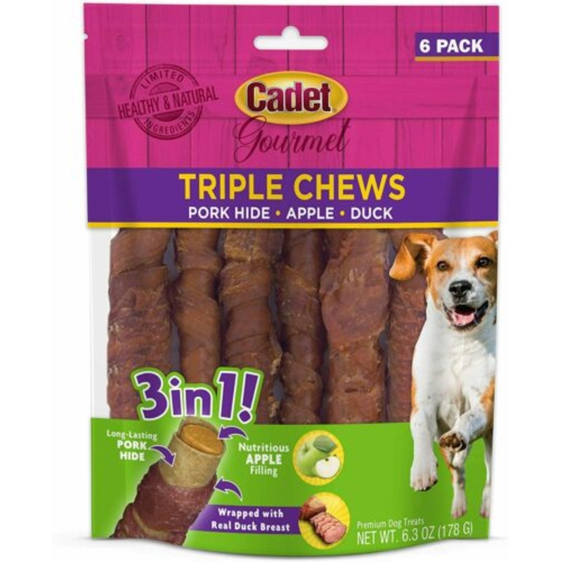 Cadet Triple Chew Dog Treat and Chew Pork-hide Wrapped in Duck Stuffed with Apple  6 Count