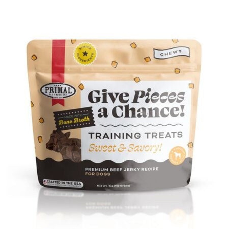 Primal Beef Jerky Dog Treats with Broth, Give Pieces a Chance Natural Training Treat for Dogs, 4 oz